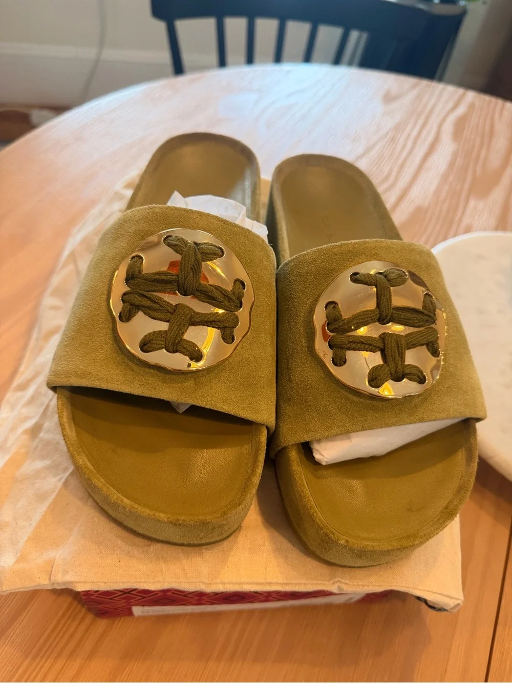 Tory Burch Olive Suede Slide Mules with Gold Logo Disk
